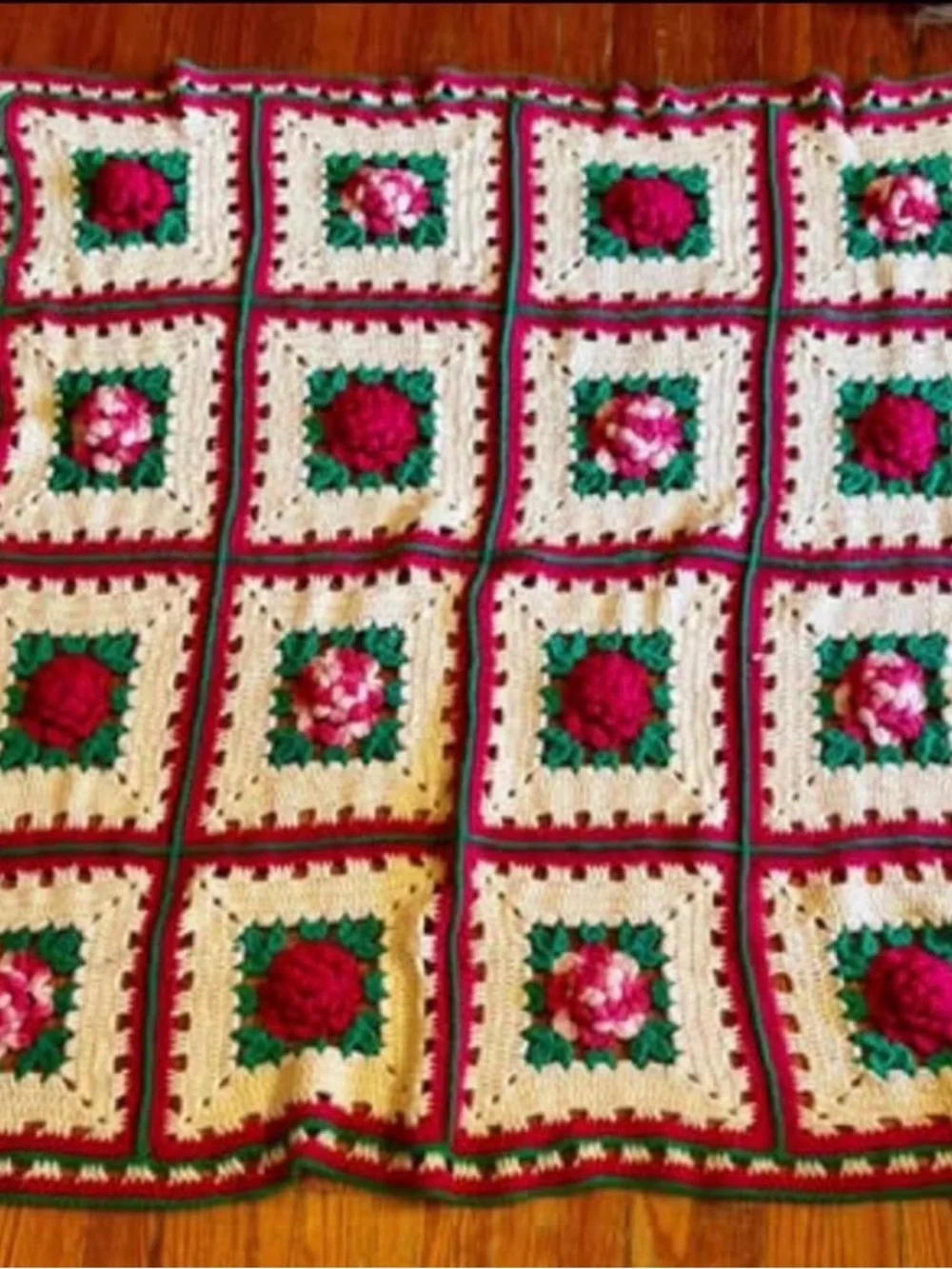 Handmade Cream and Pink Floral Crochet Throw Blanket